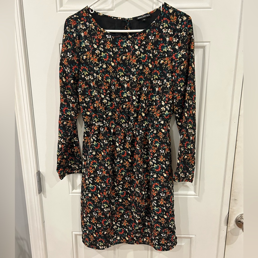 J Crew Mercantile Dress Long Sleeve Black Small Floral Print - Size 2